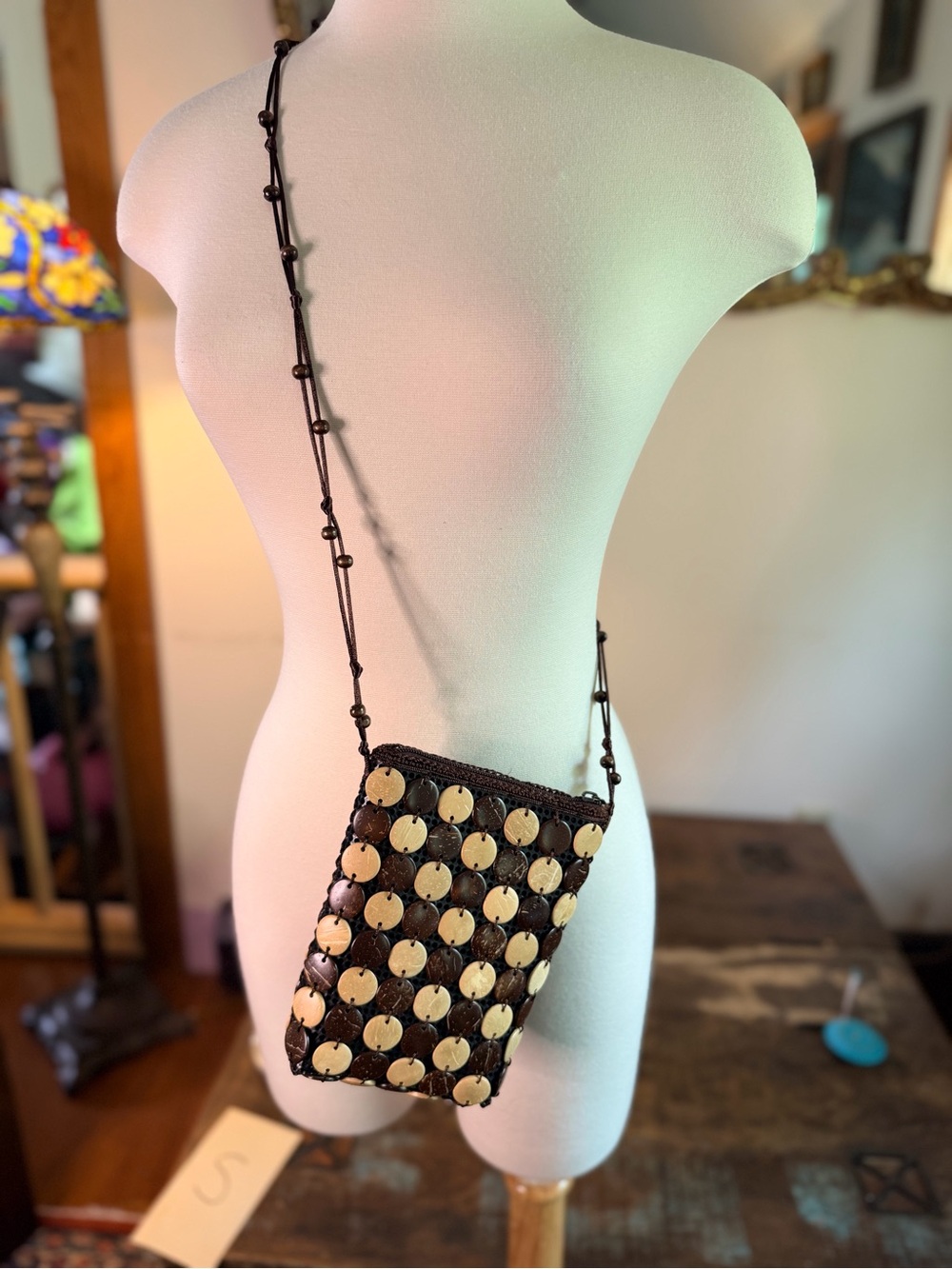 Crossbody Brown Faux Coconut button Beaded   Bag